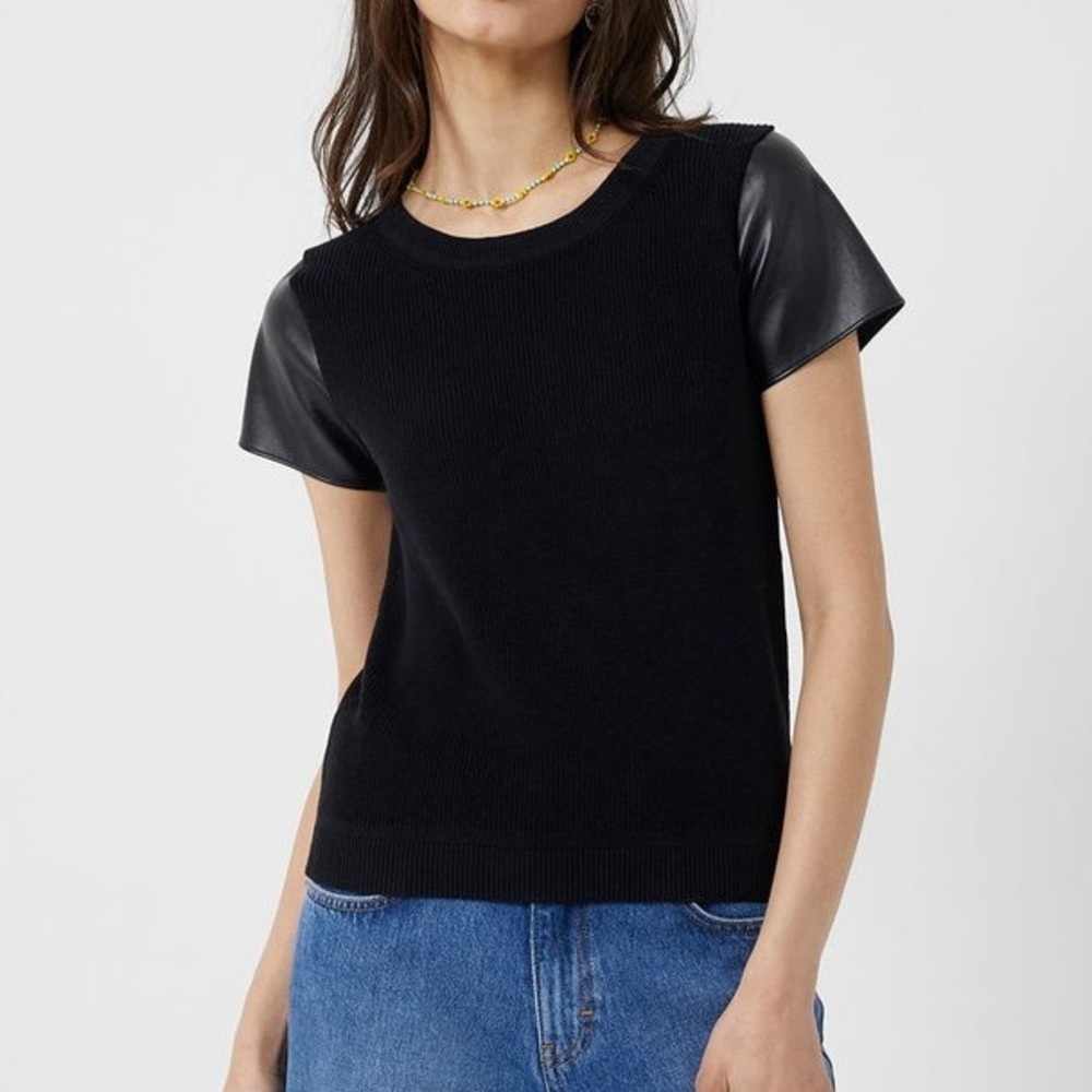 French Connection Mozart PU Knit Short Sleeve Top in Black size medium